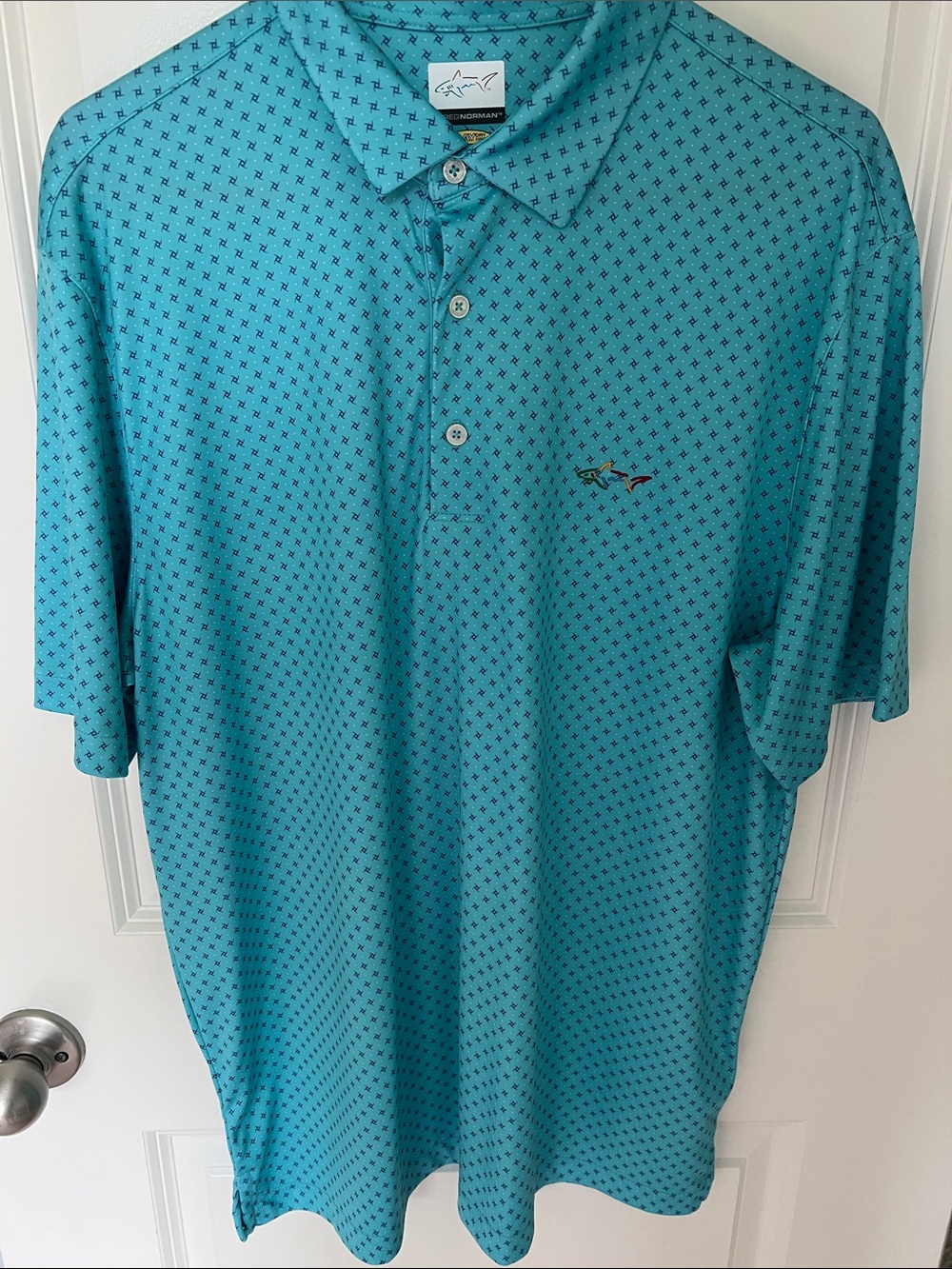 Greg Norman Collection Teal Micro-Pattern Polo with Embroidered Shark